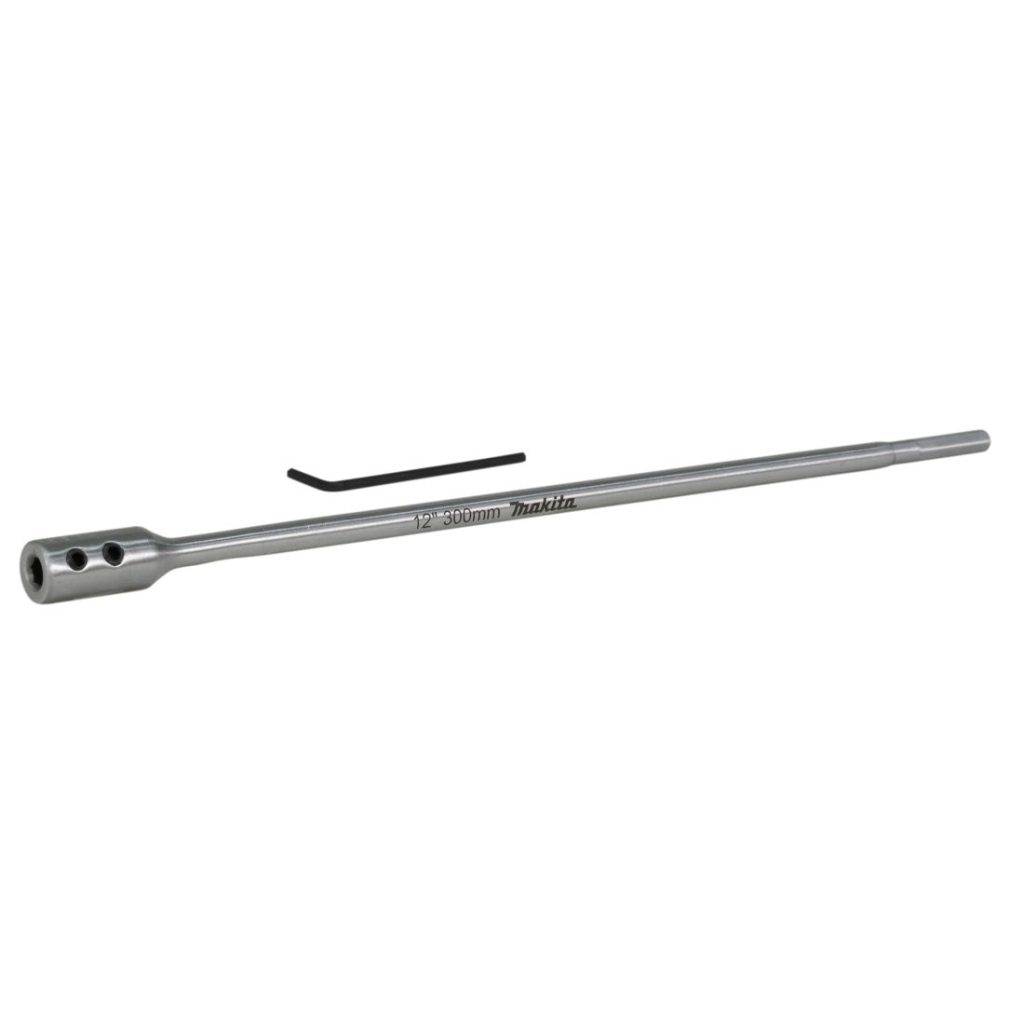 MAKITA Jatkovarsi 300 mm 1/4" Hex lattapuuporanterille. Kuvassa jatkovarsi ja kuusiokoloavain etuviistosta.