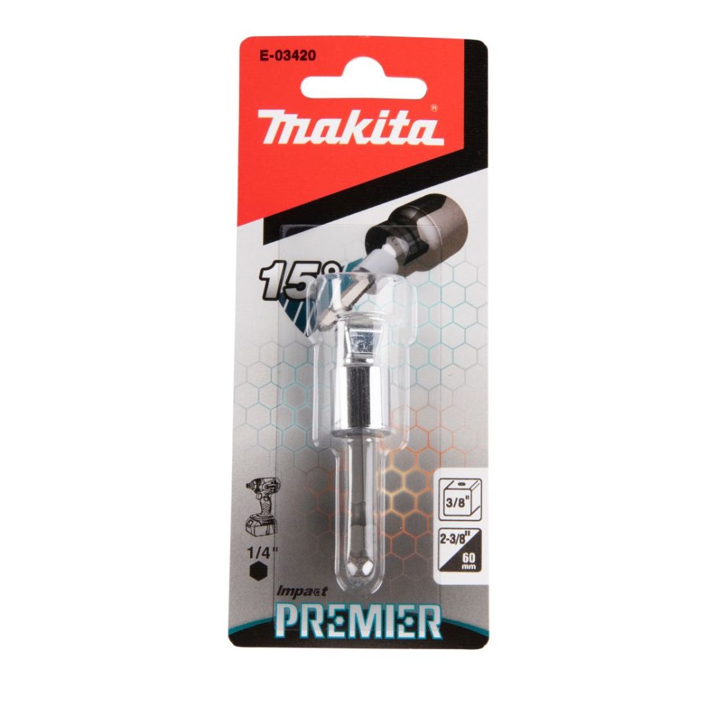 MAKITA Hylsyadapteri 1/4" bitsikiinnityksestä 3/8" neliöpää hylsykiinnitykselle, 50 mm. Wobble. Kuvassa hylsyadapteripakkaus edestäpäin.