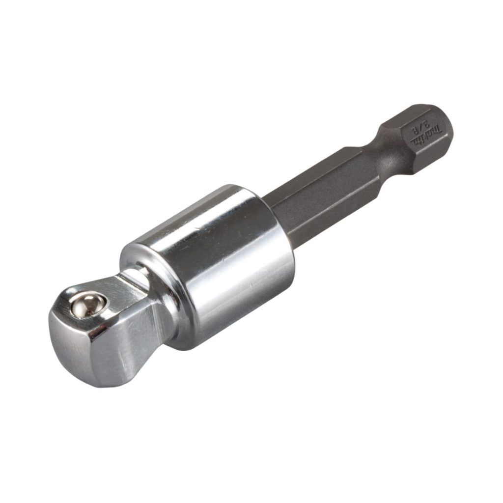 MAKITA Hylsyadapteri 1/4" bitsikiinnityksestä 3/8" neliöpää hylsykiinnitykselle, 50 mm. Wobble. Kuvassa hylsyadapteri yläetuviistosta.
