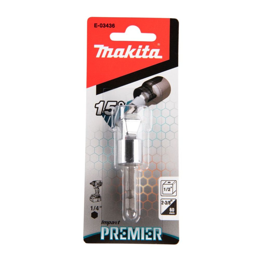 MAKITA Hylsyadapteri 1/4" bitsikiinnityksestä 1/2" neliöpää hylsykiinnitykselle, 60 mm. Wobble. Kuvassa hylsyadapteripakkaus edestäpäin.