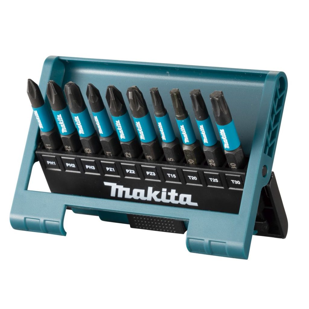 MAKITA Ruuvikärkisarja 10-osaa ImpactBlack. Kuvassa avoin ruuvauskärkisarjan rasia etuviistosta.