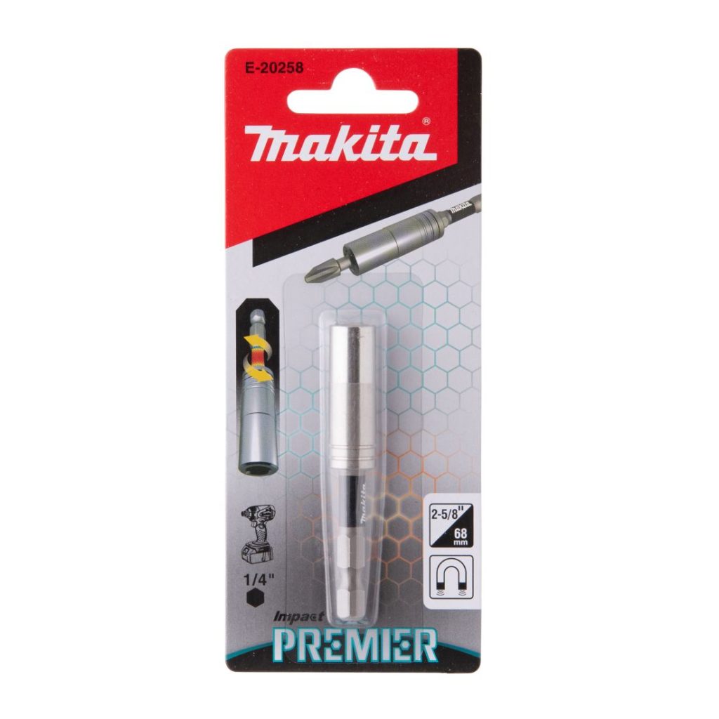 MAKITA Ruuvauskärjen pidin Impact Premier 1/4" 68 mm, magneetilla. Kuvassa ruuvauskärjen pitimen pakkaus edestäpäin.