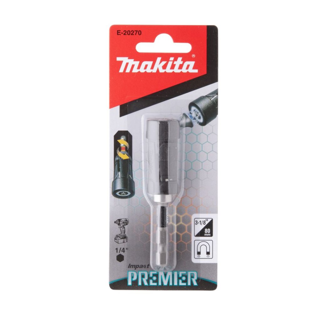 MAKITA Ruuvauskärjen pidin Impact Premier Ultramag 1/4" 79 mm, magneetilla. Kuvassa ruuvauskärjen pitimen pakkaus edestäpäin.