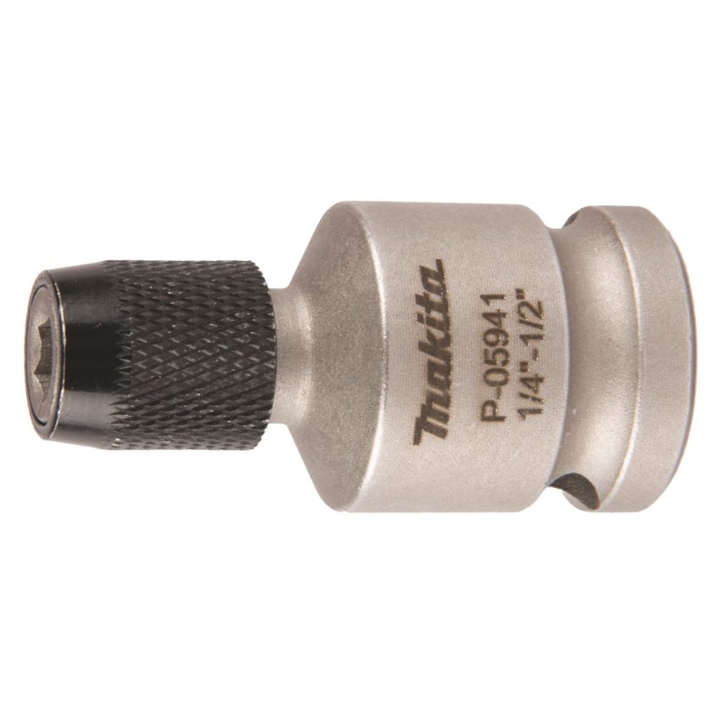 MAKITA Bitsiadapteri 1/2" vääntimiin 1/4" bitseille, lukittava. Kuvassa bitsiadapteri sivustapäin.