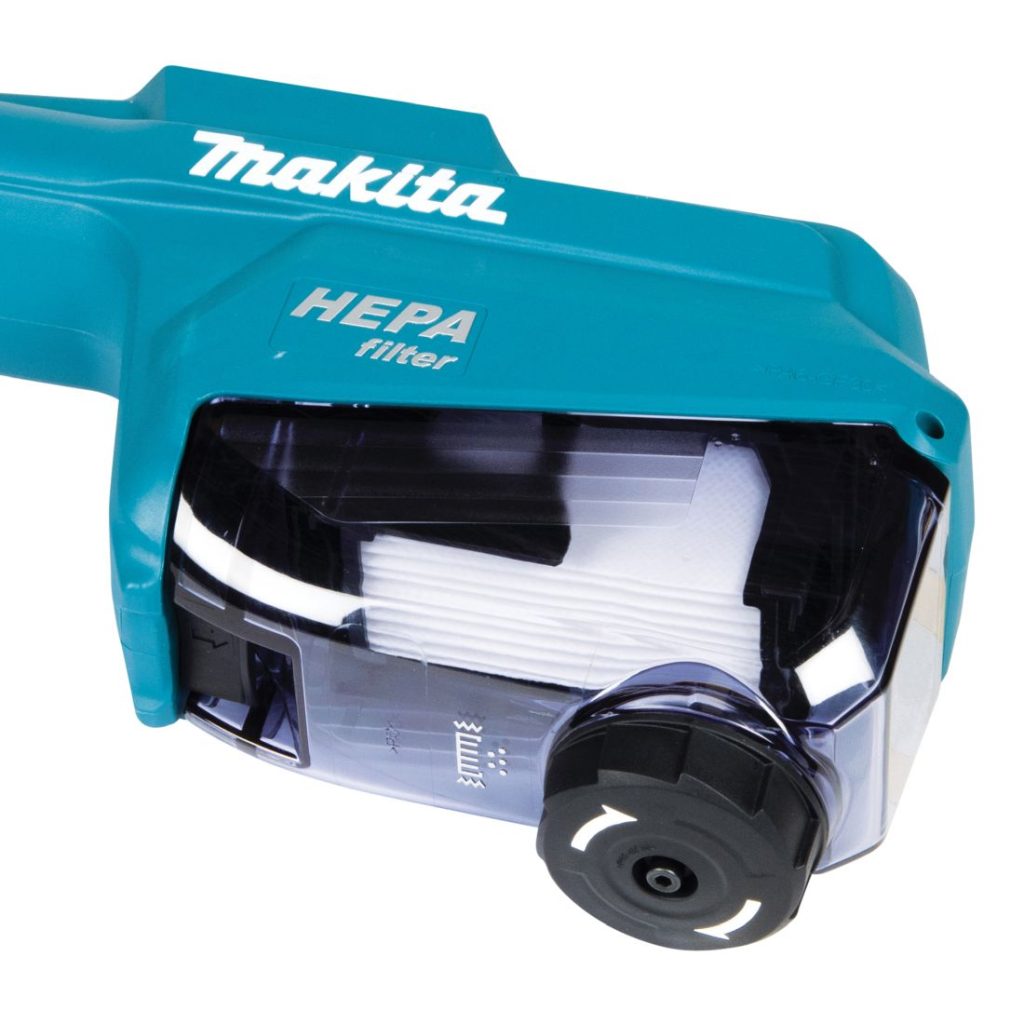 MAKITA Pölynimulisälaite DX15. Lähikuvassa pölysuodatinkasetti alaviistosta.