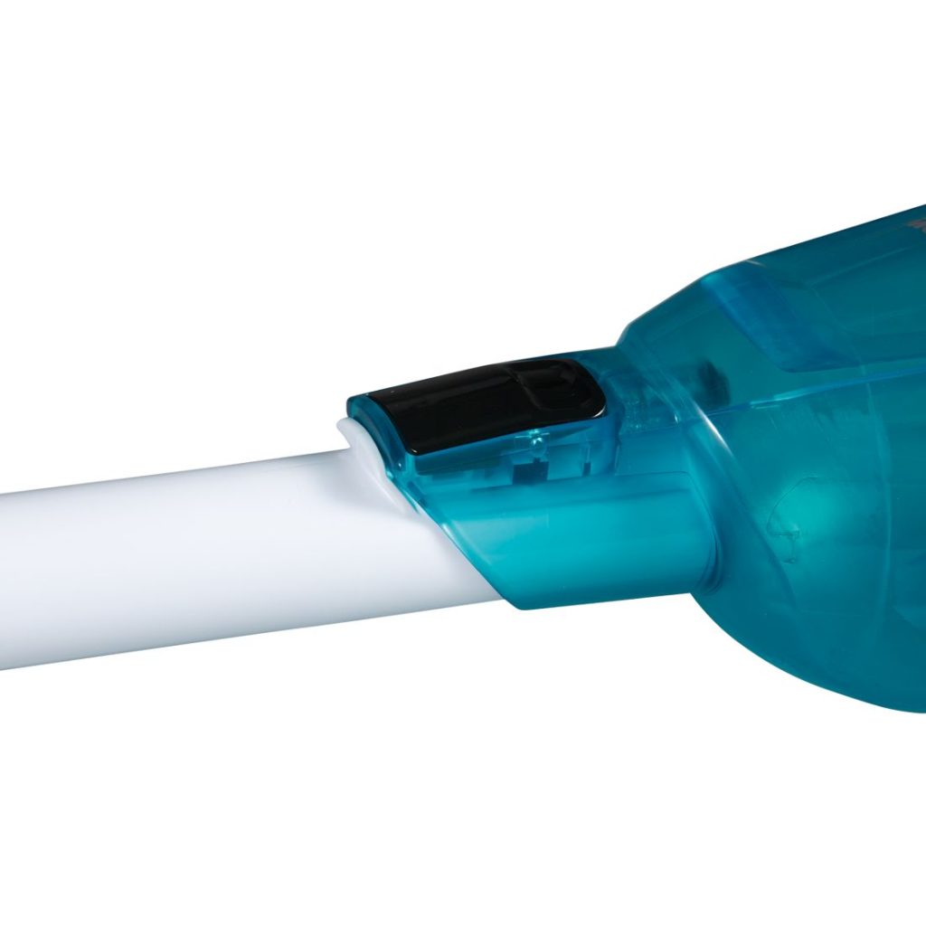 MAKITA Imuputki 340 mm, rikkaimureille, valkoinen, lukittava, syklonin kanssa. Lähikuvassa imuputki lukittuna rikkaimuriin.