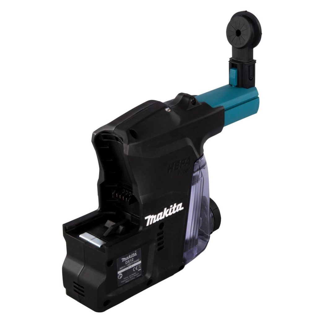 MAKITA Pölynimulisälaite DX12. Kuvassa pölynimulisälaite takayläviistosta.