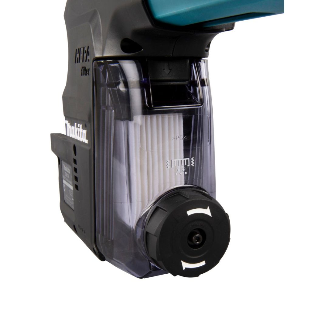 MAKITA Pölynimulisälaite DX14. Lähikuvassa pölysuodatinkasetti etuviistosta.