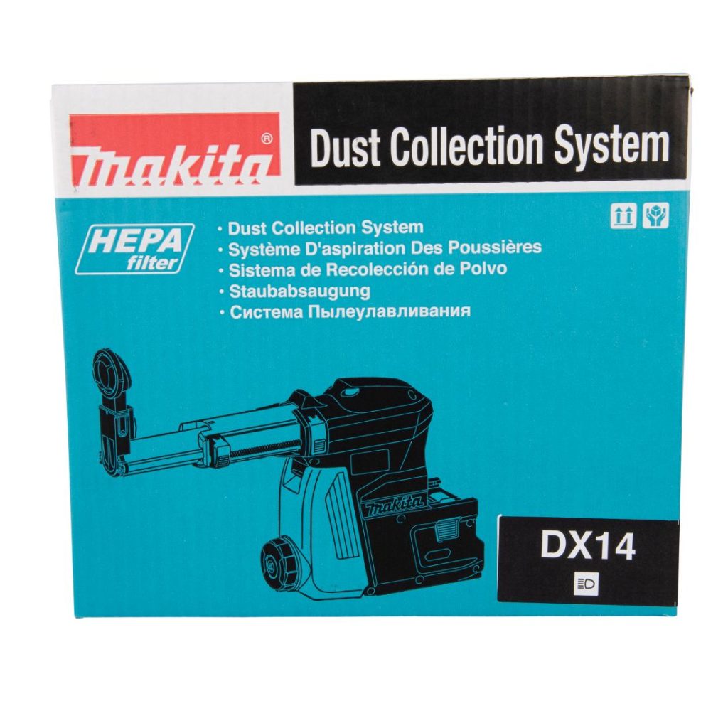 MAKITA Pölynimulisälaite DX14. Kuvassa pölynimulisälaitteen pakkaus edestäpäin.