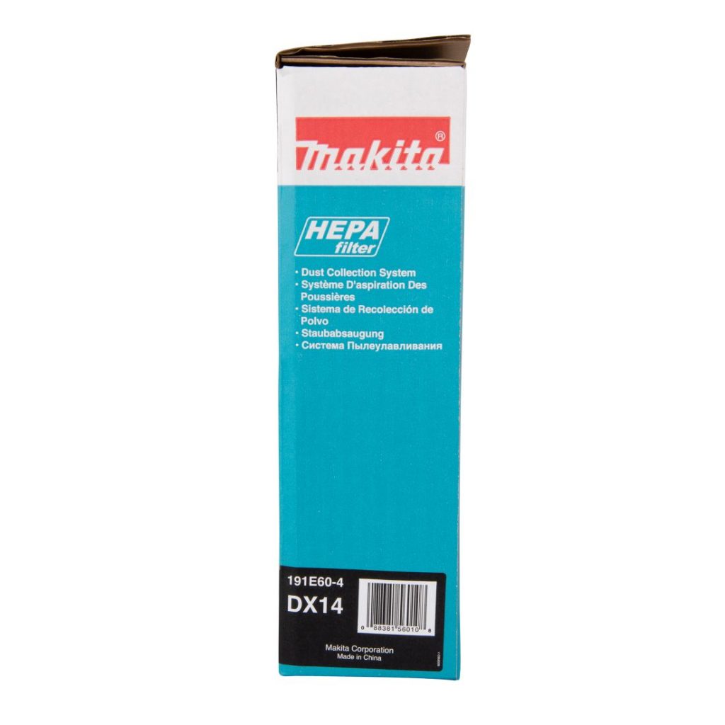 MAKITA Pölynimulisälaite DX14. Kuvassa pölynimulisälaitteen pakkaus sivustapäin.