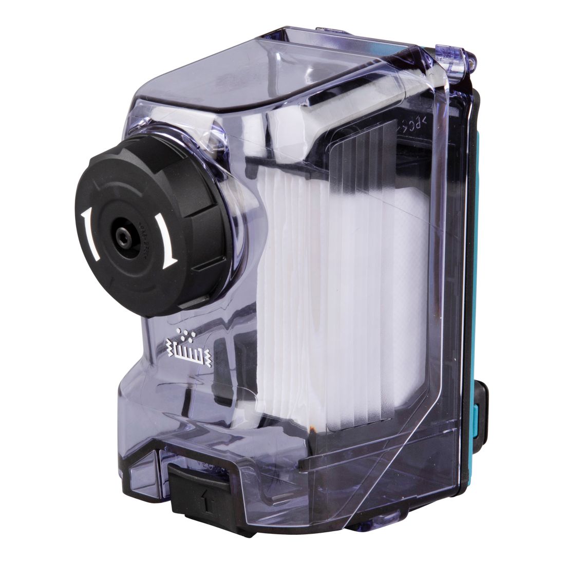 MAKITA Pölysuodatinkasetti ja suodatin DX10-DX11. Kuvassa pölysuodatinkasetti ja suodatin etuviistosta.