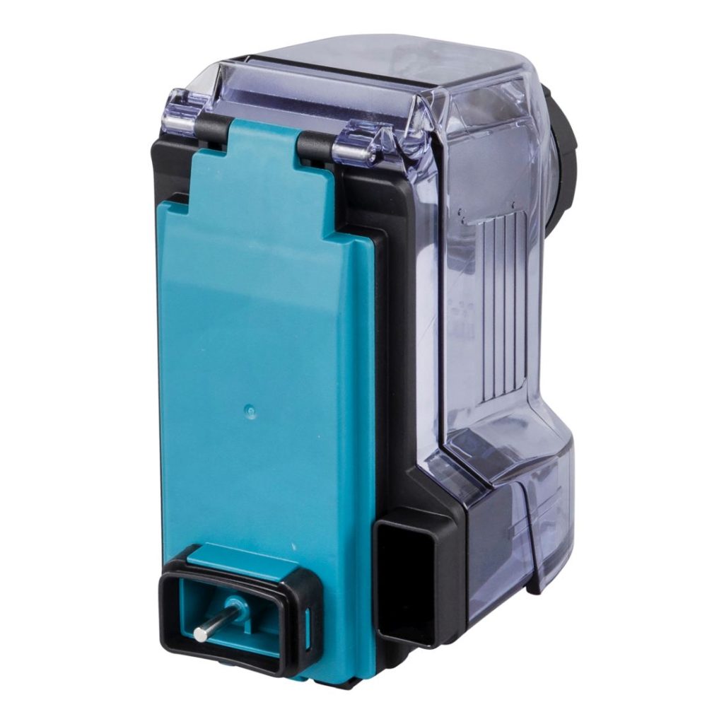 MAKITA Pölysuodatinkasetti ja suodatin DX10-DX11. Kuvassa pölysuodatinkasetti ja suodatin takaviistosta.
