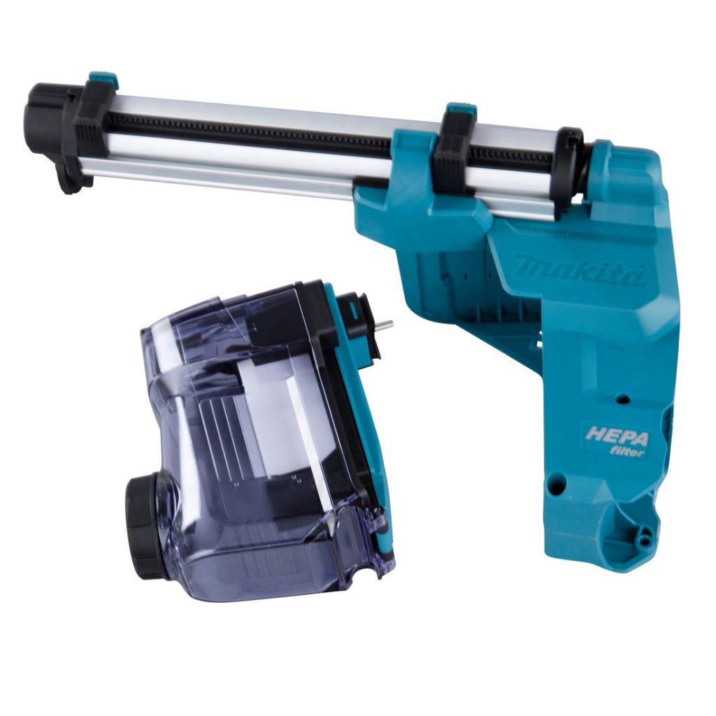 MAKITA Pölynimulisälaite DX10 poravasaralle. Kuvassa pölysuodatinkasetti irrotettuna imurista.