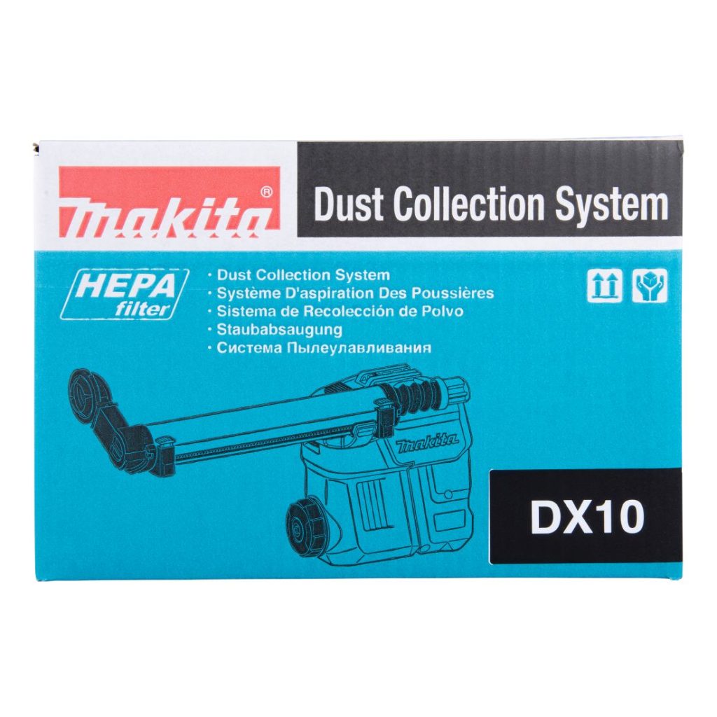 MAKITA Pölynimulisälaite DX10 poravasaralle. Kuvassa pölynimulisälaitteen pakkaus edestäpäin.