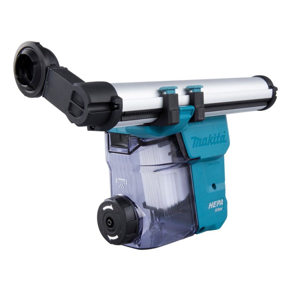 MAKITA Pölynimulisälaite DX10 poravasaralle. Kuvassa pölynimulisälaite etuviistosta.