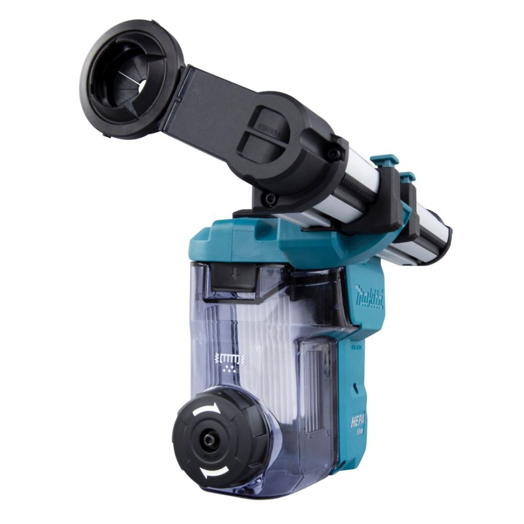 MAKITA Pölynimulisälaite DX10 poravasaralle. Kuvassa pölynimulisälaite etuviistosta.
