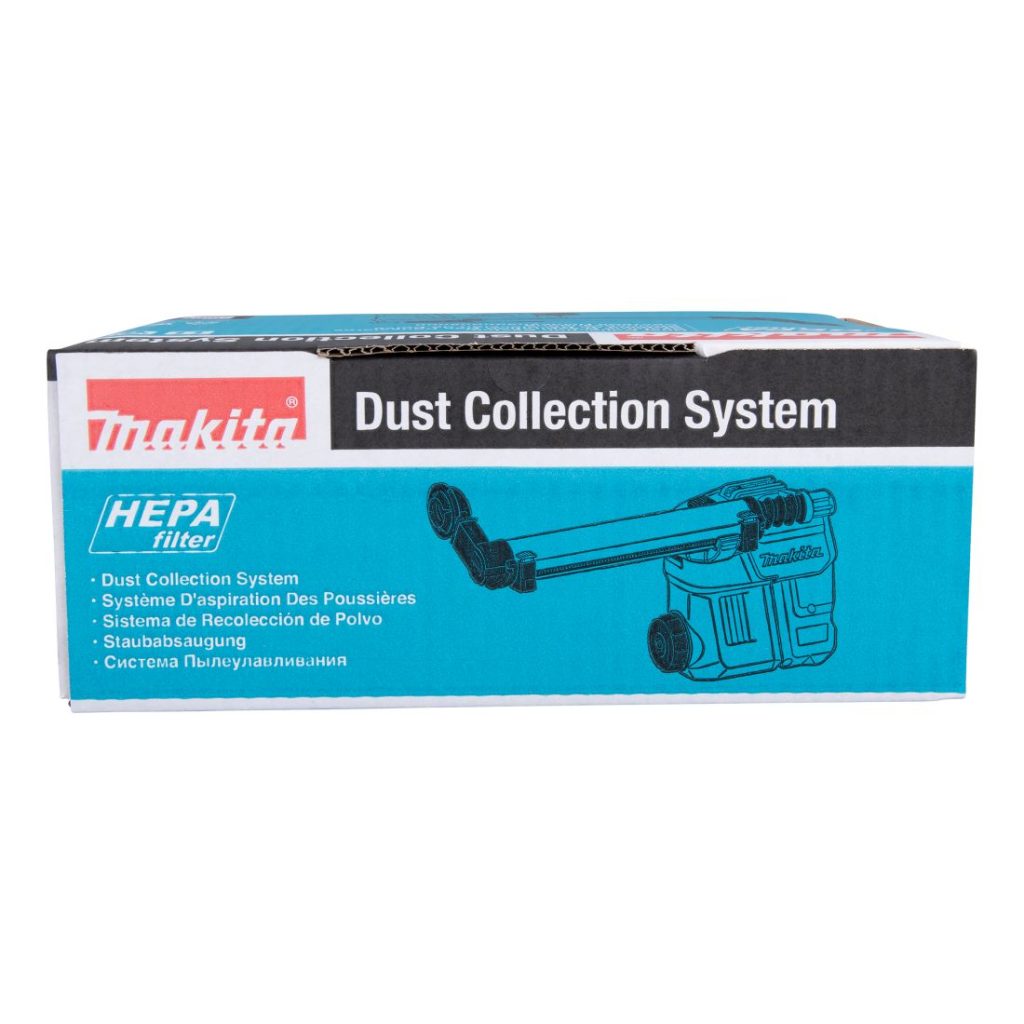 MAKITA Pölynimulisälaite DX10 poravasaralle. Kuvassa pölynimulisälaitteen pakkaus sivustapäin.