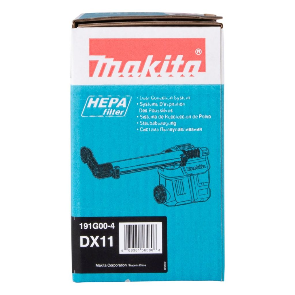 MAKITA Pölynimulisälaite DX11 poravasaralle. Kuvassa pölynimulisälaitteen pakkaus sivustapäin.