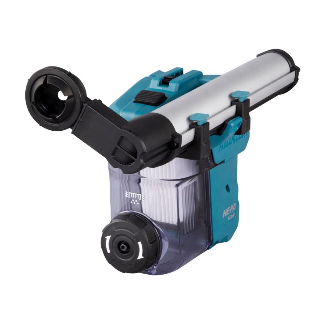 MAKITA Pölynimulisälaite DX11 poravasaralle. Kuvassa pölynimulisälaite etuviistosta.