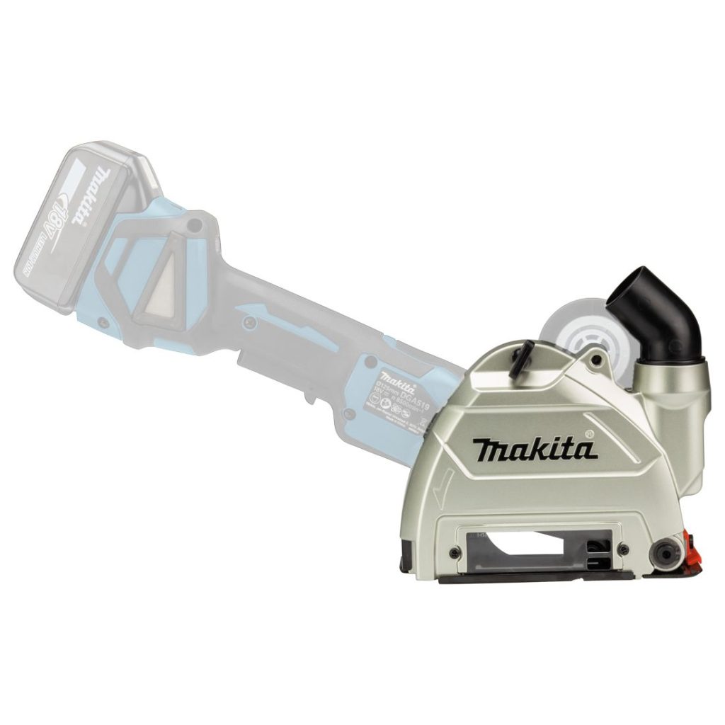 MAKITA Pölysuoja imuriliitännällä 125 mm, Ø32/37 mm. X-Lock kulmahiomakoneet. Havainnekuvassa pölysuoja kiinnitettynä kulmahiomakoneeseen.