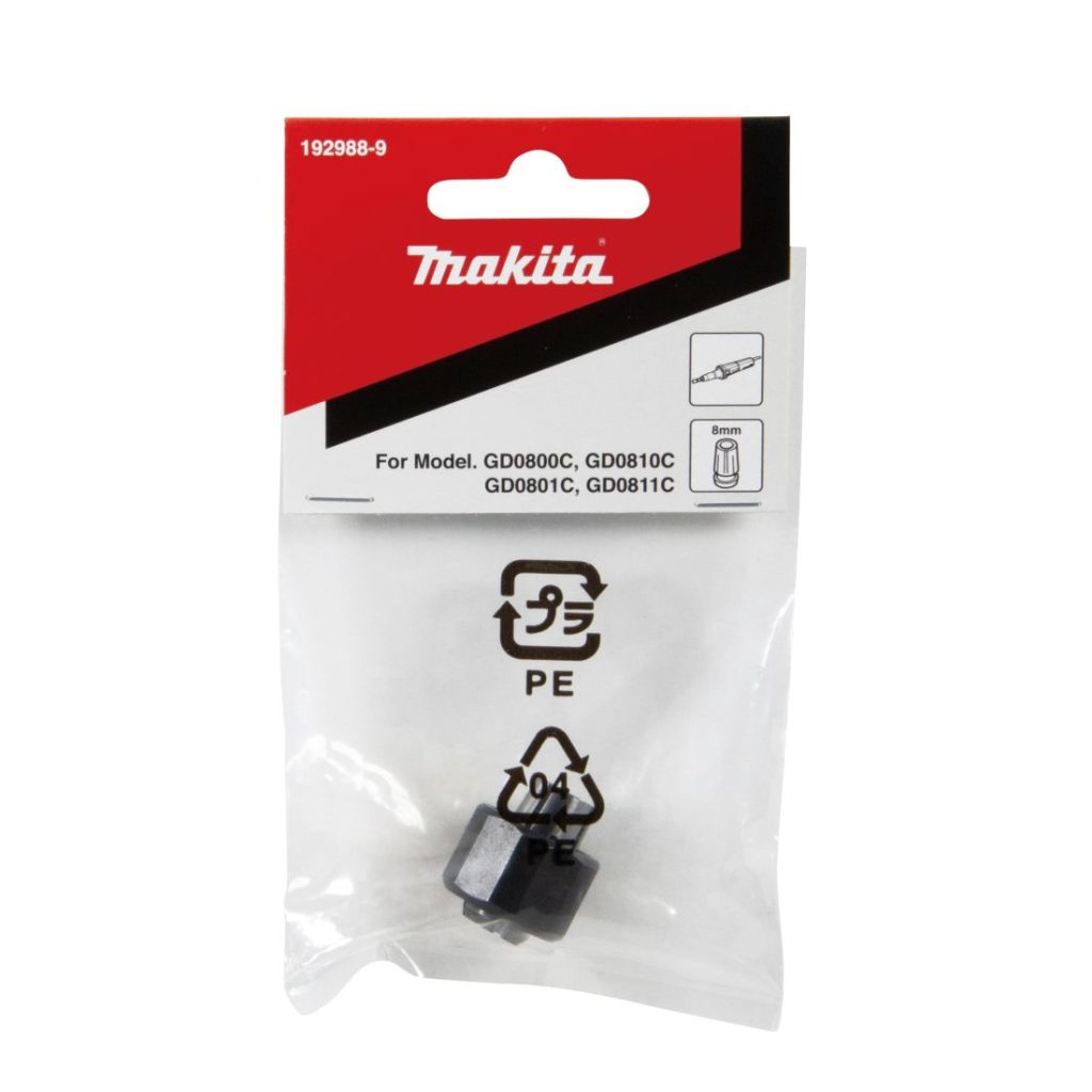 MAKITA Supistusholkki ja kiristyshylsy 8 mm. Kuvassa supistusholkin ja kiristyshylsyn pakkaus edestäpäin.