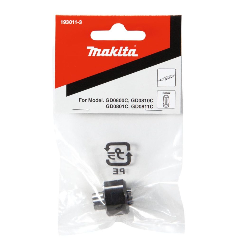 MAKITA Supistusholkki ja kiristyshylsy 3 mm. Kuvassa supistusholkki ja kiristyshylsy edestäpäin.