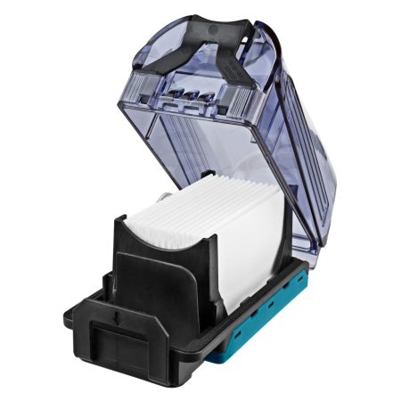 MAKITA Pölysuodatinkasetti ja suodatin DX01-DX04. Kuvassa pölysuodatinkasetti ja suodatin etuviistosta pölysuodatinkasetti avattuna.