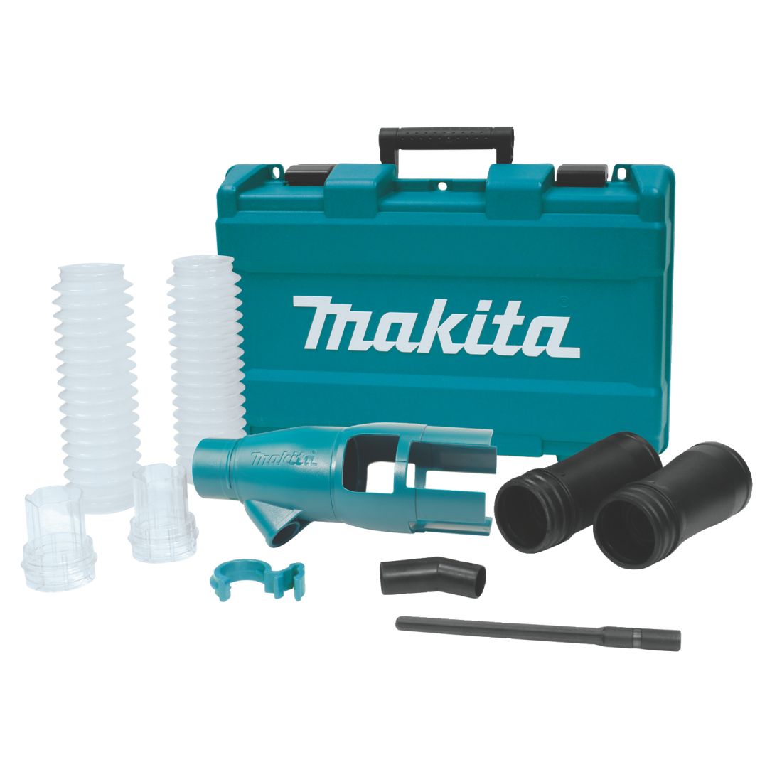 MAKITA Pölynimuvarustus SDS-MAX poravasaroille HR5202C ja HR5212C, salkussa. Kuvassa pölynimurivarustussalkku tarvikkeineen edestäpäin.