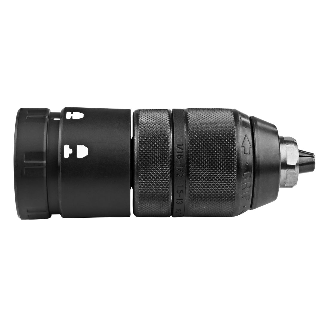 MAKITA Pikaistukka 13 mm, 1/2" - 20UNF, pikavaihto, 1,5 - 13 mm. Kuvassa pikaistukka sivustapäin.