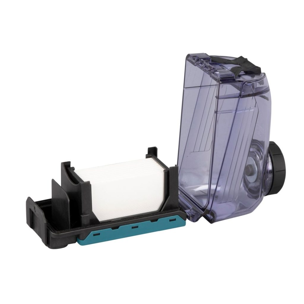 MAKITA Pölysuodatinkasetti ja suodatin DX01-DX09 (ei DX05). Kuvassa pölysuodatinkasetti ja suodatin etuviistosta pölysuodatinkasetti avattuna.