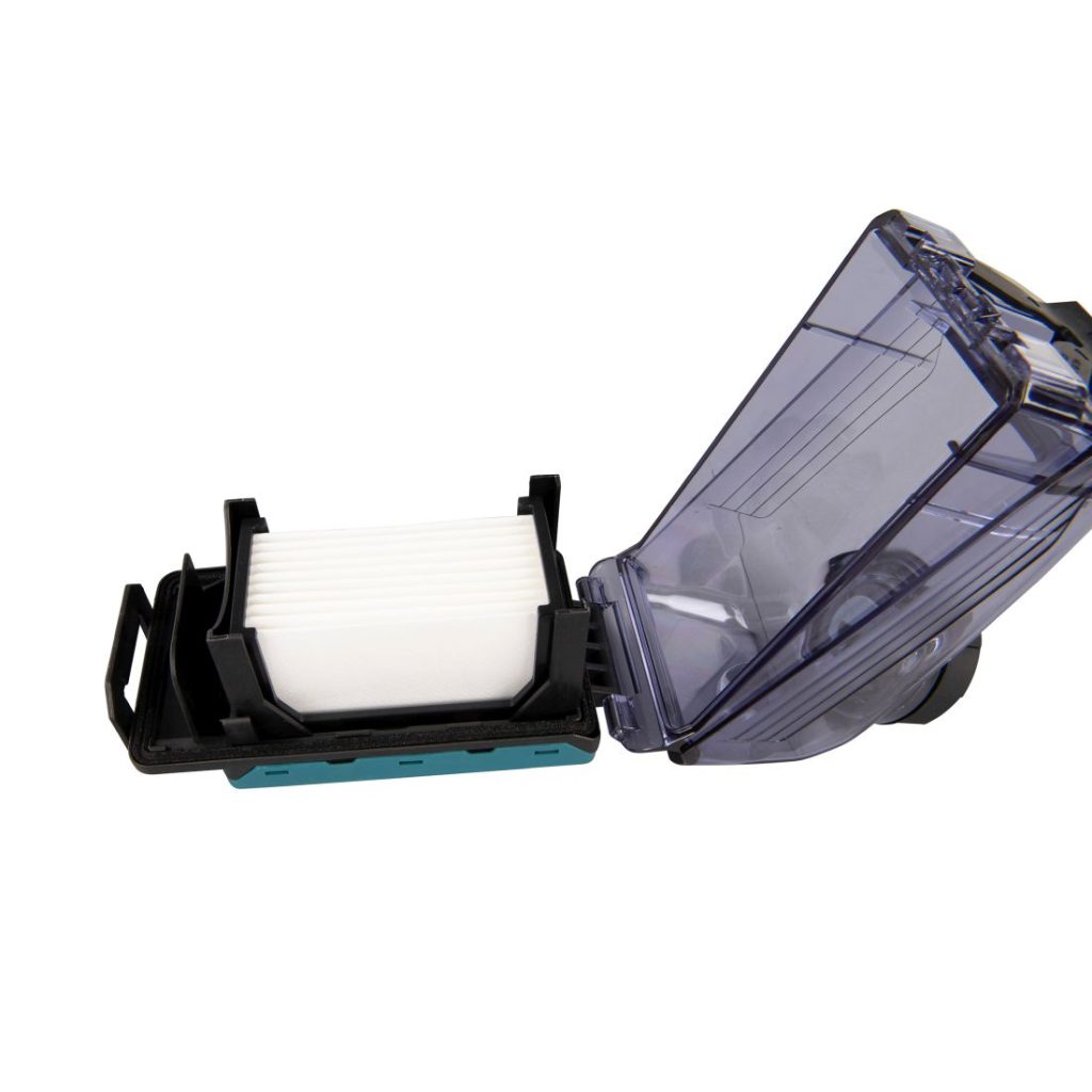 MAKITA Pölysuodatinkasetti ja suodatin DX01-DX09 (ei DX05). Kuvassa pölysuodatinkasetti ja suodatin etuviistosta pölysuodatinkasetti avattuna.