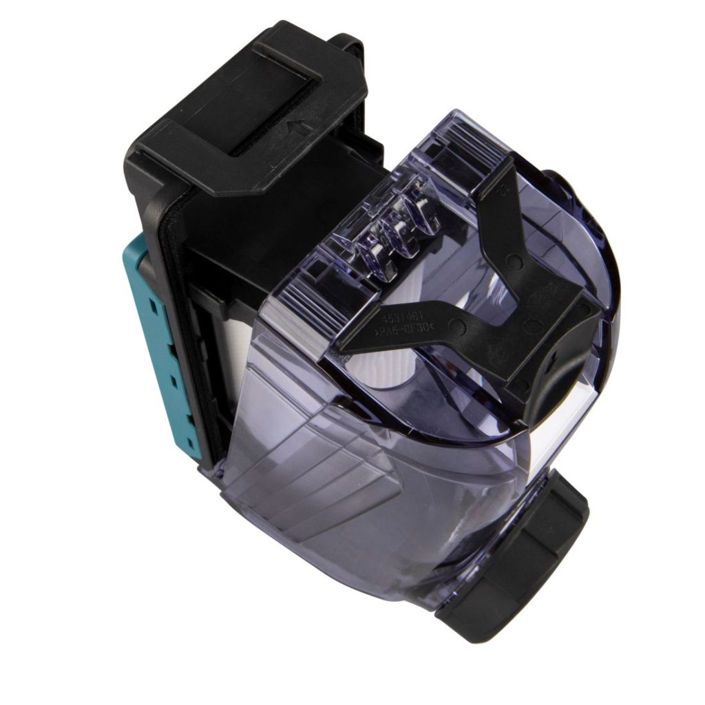 MAKITA Pölysuodatinkasetti ja suodatin DX01-DX09 (ei DX05). Kuvassa pölysuodatinkasetti ja suodatin etuyläviistosta pölysuodatinkasetti raollaan.