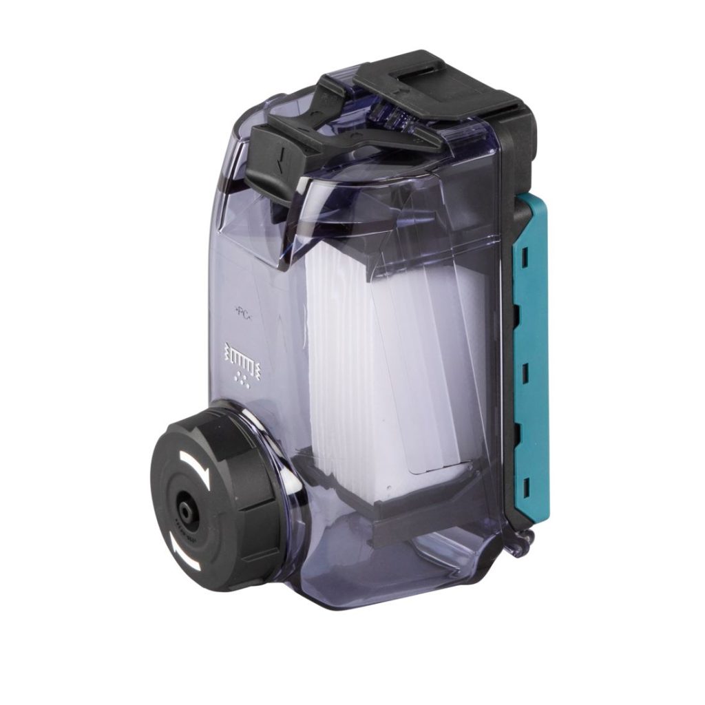 MAKITA Pölysuodatinkasetti ja suodatin DX01-DX09 (ei DX05). Kuvassa pölysuodatinkasetti ja suodatin etuviistosta.