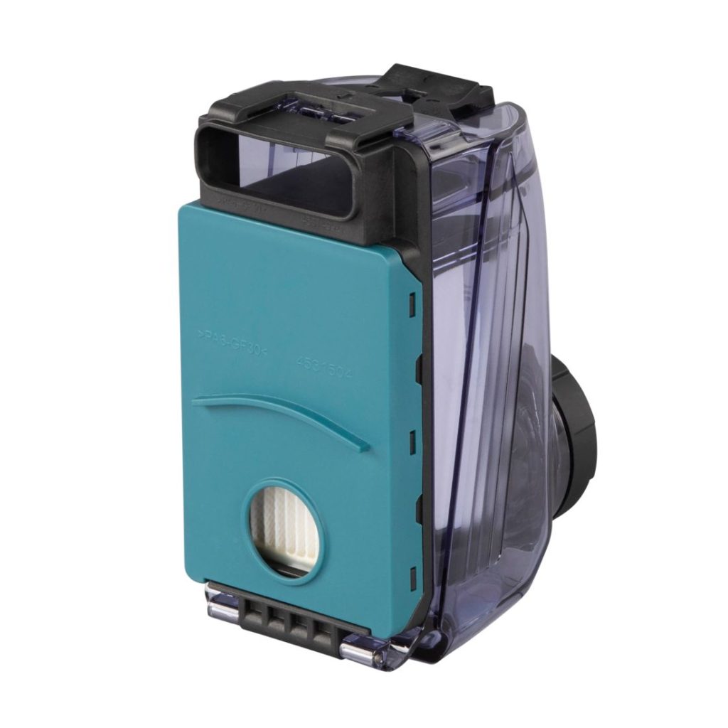 MAKITA Pölysuodatinkasetti ja suodatin DX01-DX09 (ei DX05). Kuvassa pölysuodatinkasetti ja suodatin takaviistosta.