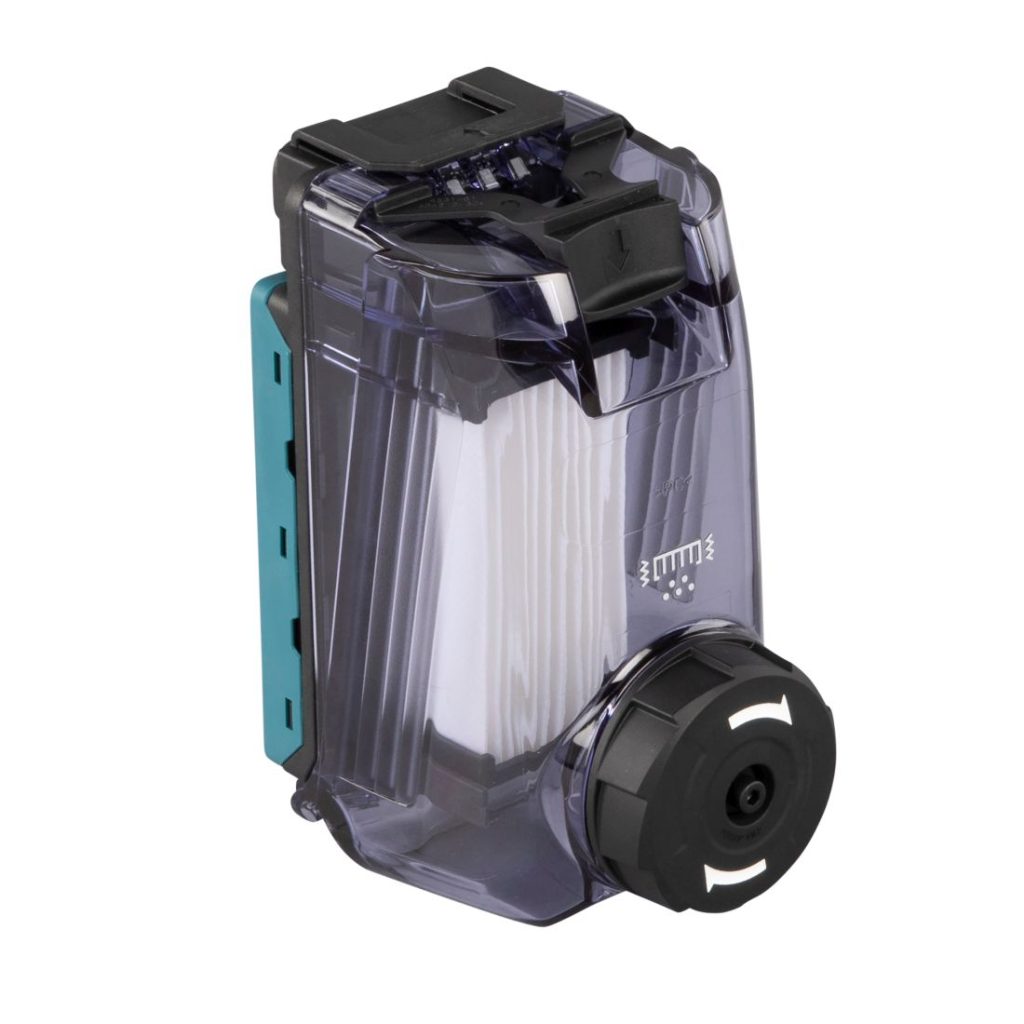 MAKITA Pölysuodatinkasetti ja suodatin DX01-DX09 (ei DX05). Kuvassa pölysuodatinkasetti ja suodatin etuviistosta.