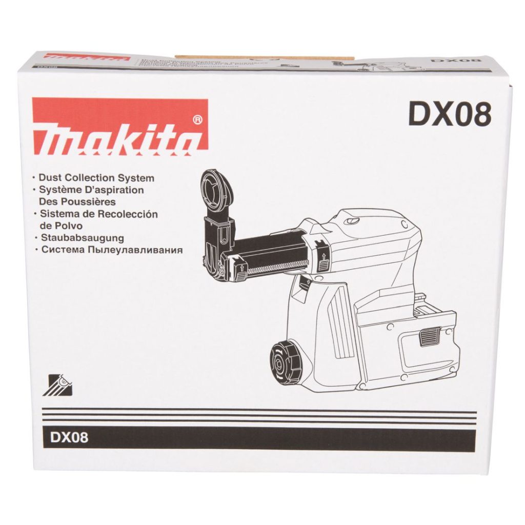 MAKITA Pölynimulisälaite DX08. Kuvassa pölynimulisälaitteen pakkaus edestäpäin.
