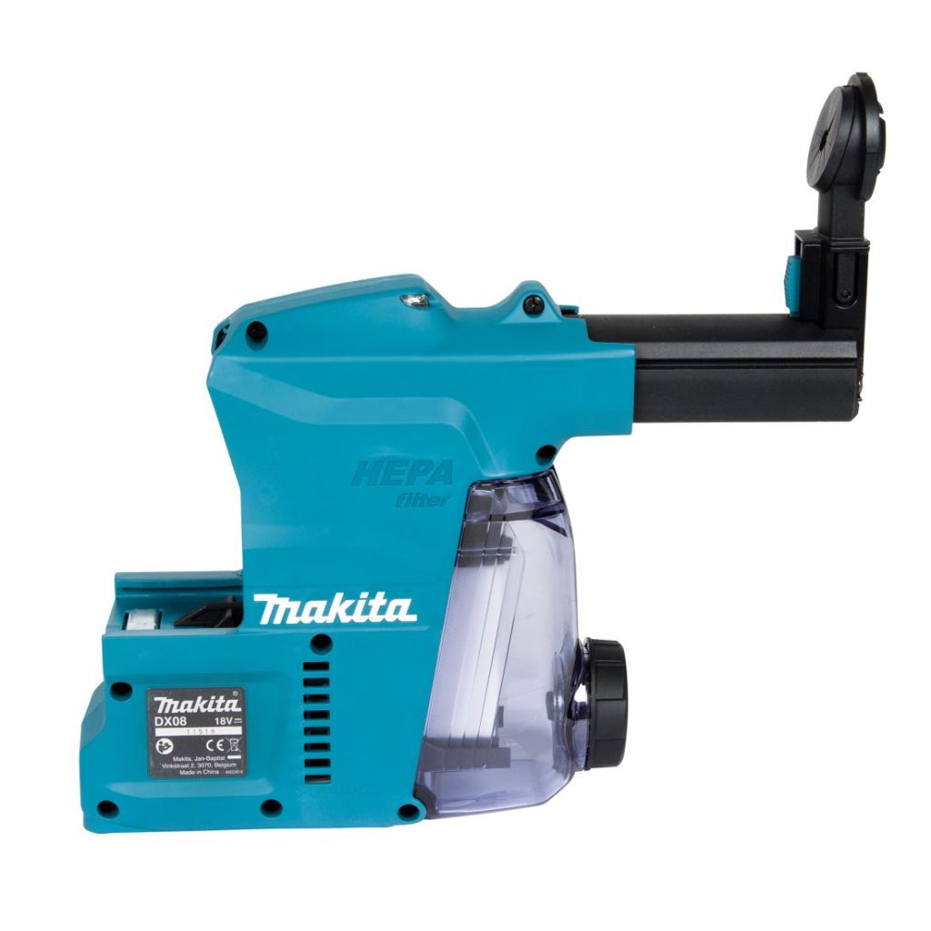 MAKITA Pölynimulisälaite DX08. Kuvassa pölynimulisälaite sivustapäin.