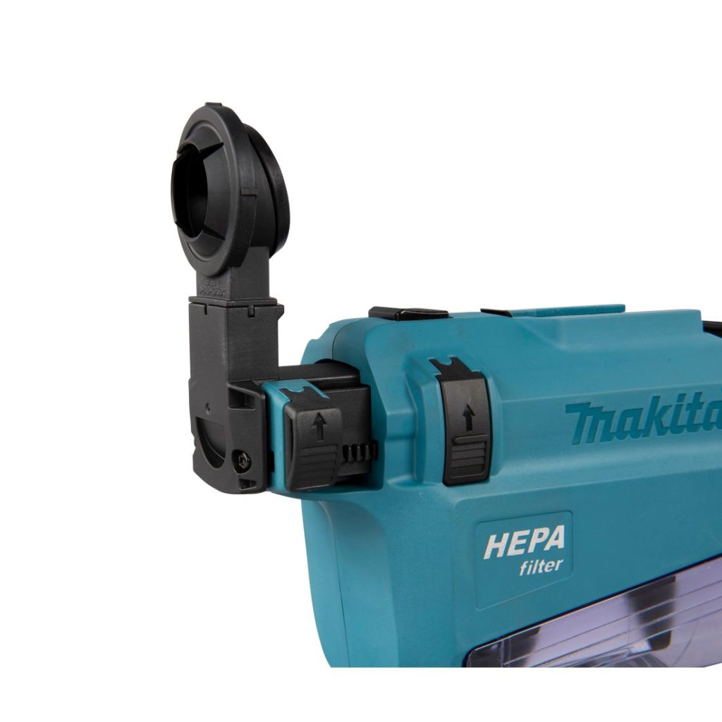 MAKITA Pölynimulisälaite DX05 akkuporavasaralle. Lähikuvassa pölynimulisälaite etuviistosta.