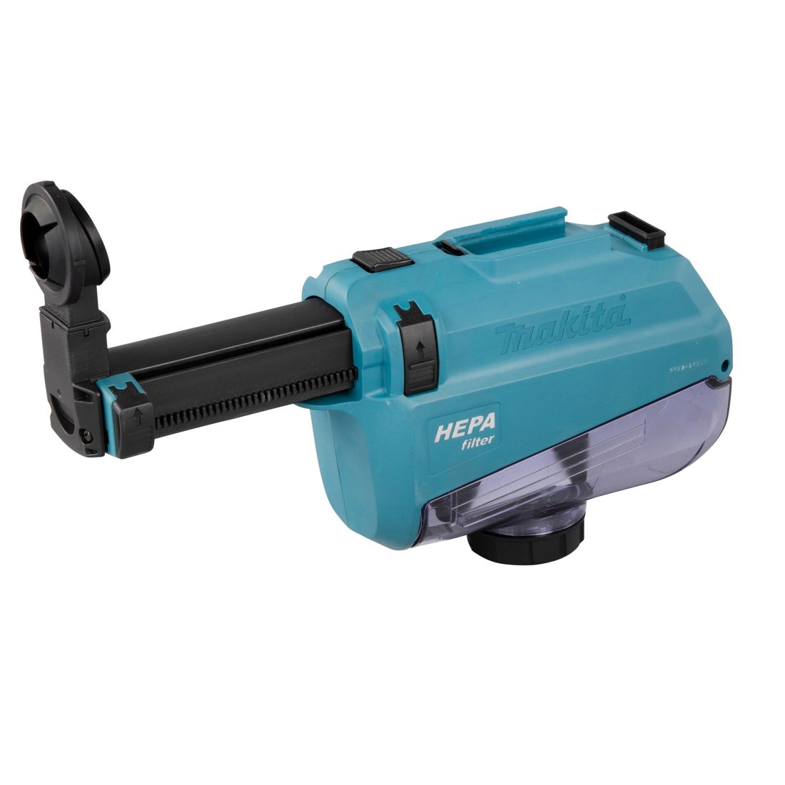 MAKITA Pölynimulisälaite DX05 akkuporavasaralle. Kuvassa pölynimulisälaite etuyläviistosta.