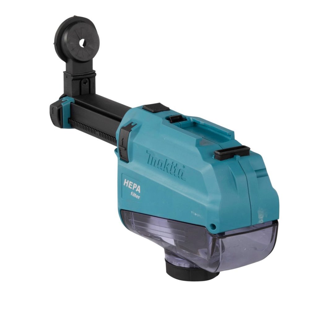 MAKITA Pölynimulisälaite DX05 akkuporavasaralle. Kuvassa pölynimulisälaite takaviistosta.