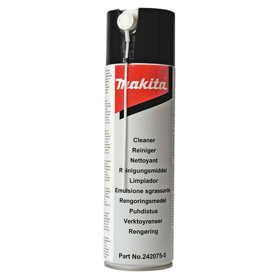 MAKITA Puhdistusaine kaasunaulaimille 500ml. Kuvassa puhdistusainepullo edestäpäin.