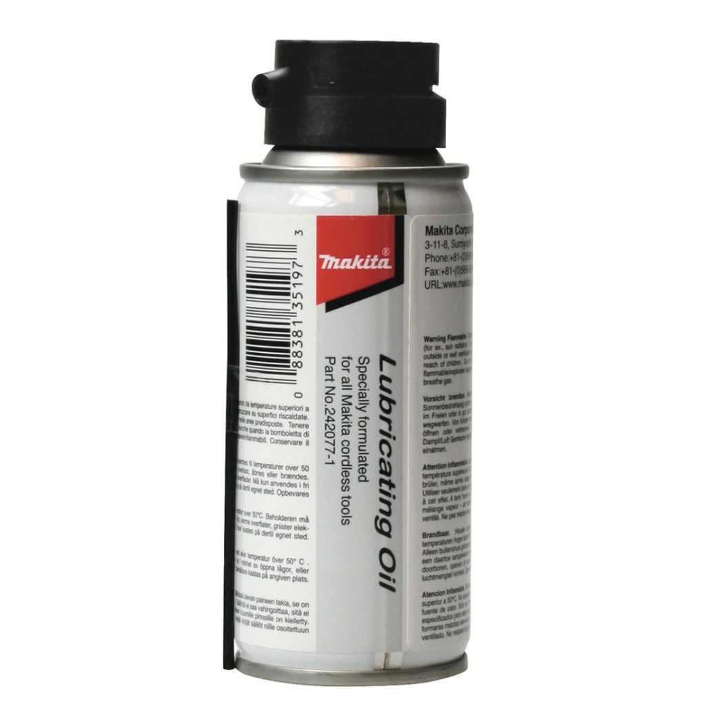 MAKITA Voiteluaine kaasunaulaimille 100ml. Kuvassa voiteluainepullo edestäpäin.