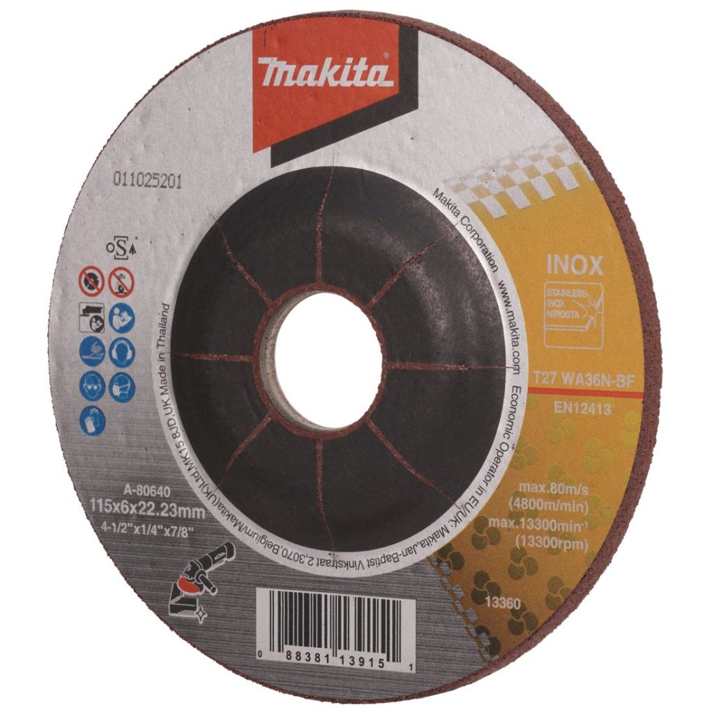 MAKITA Hiomalaikka 115x6,0mm RST (INOX) WA36N. Kuvassa hiomalaikka etuviistosta.