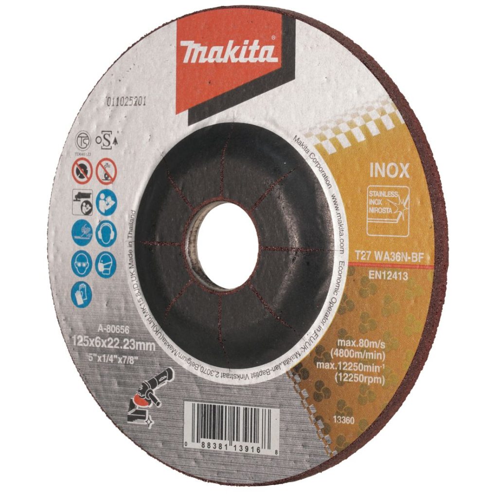 MAKITA Hiomalaikka 125x6,0mm RST (INOX) WA36N. Kuvassa hiomalaikka etuviistosta.