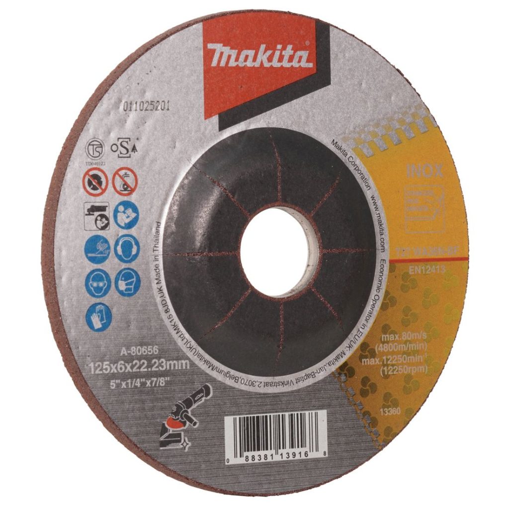 MAKITA Hiomalaikka 125x6,0mm RST (INOX) WA36N. Kuvassa hiomalaikka etuviistosta.
