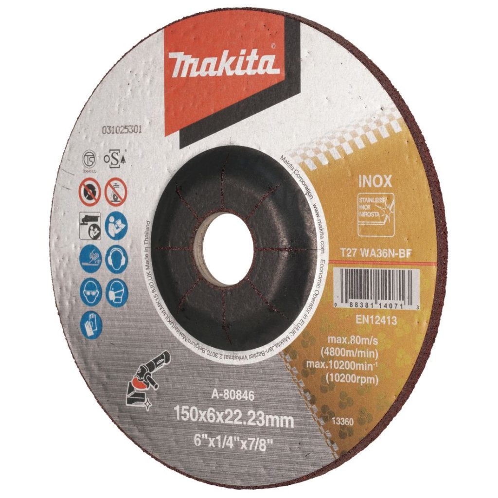MAKITA Hiomalaikka 150x6,0mm RST (INOX) WA36N. Kuvassa hiomalaikka etuviistosta.