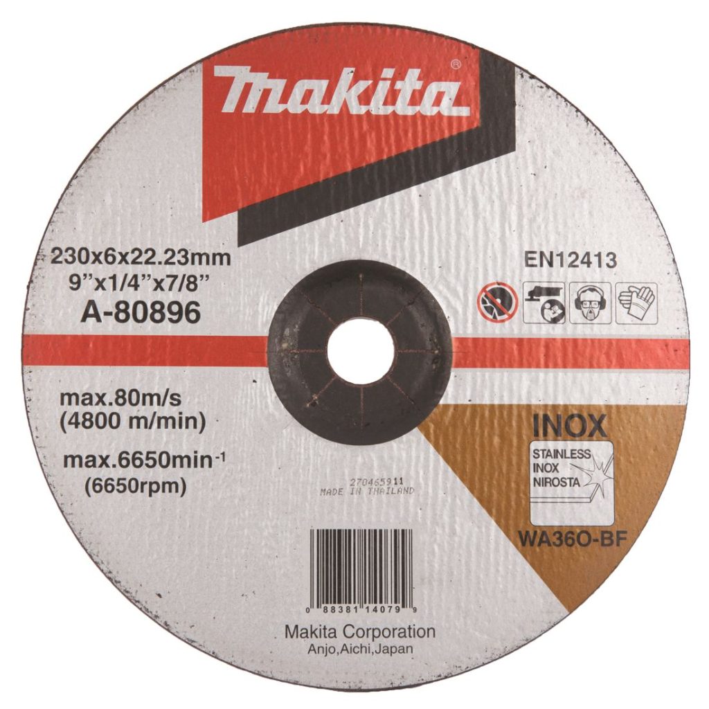 MAKITA Hiomalaikka 230x6,0mm RST (INOX) WA36N. Kuvassa hiomalaikka ylhäältäpäin.