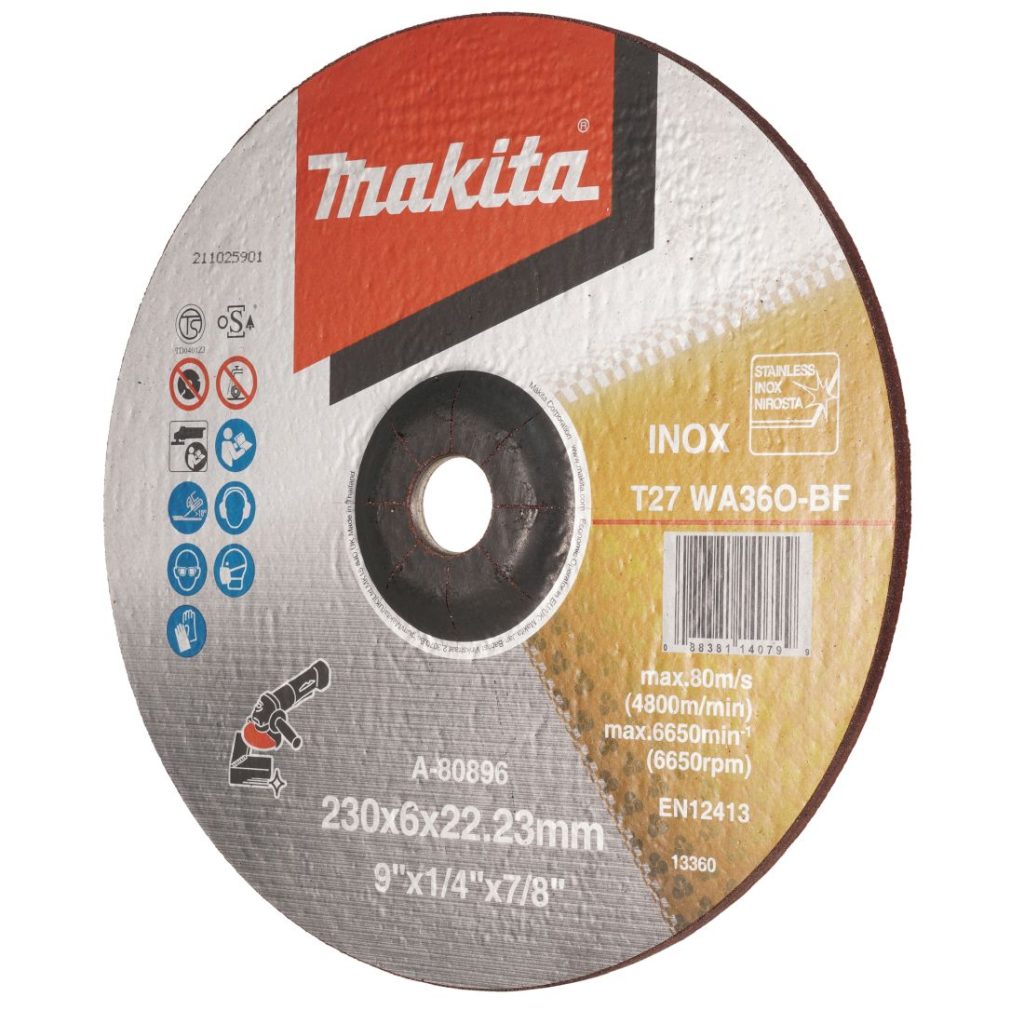 MAKITA Hiomalaikka 230x6,0mm RST (INOX) WA36N. Kuvassa hiomalaikka etuviistosta.