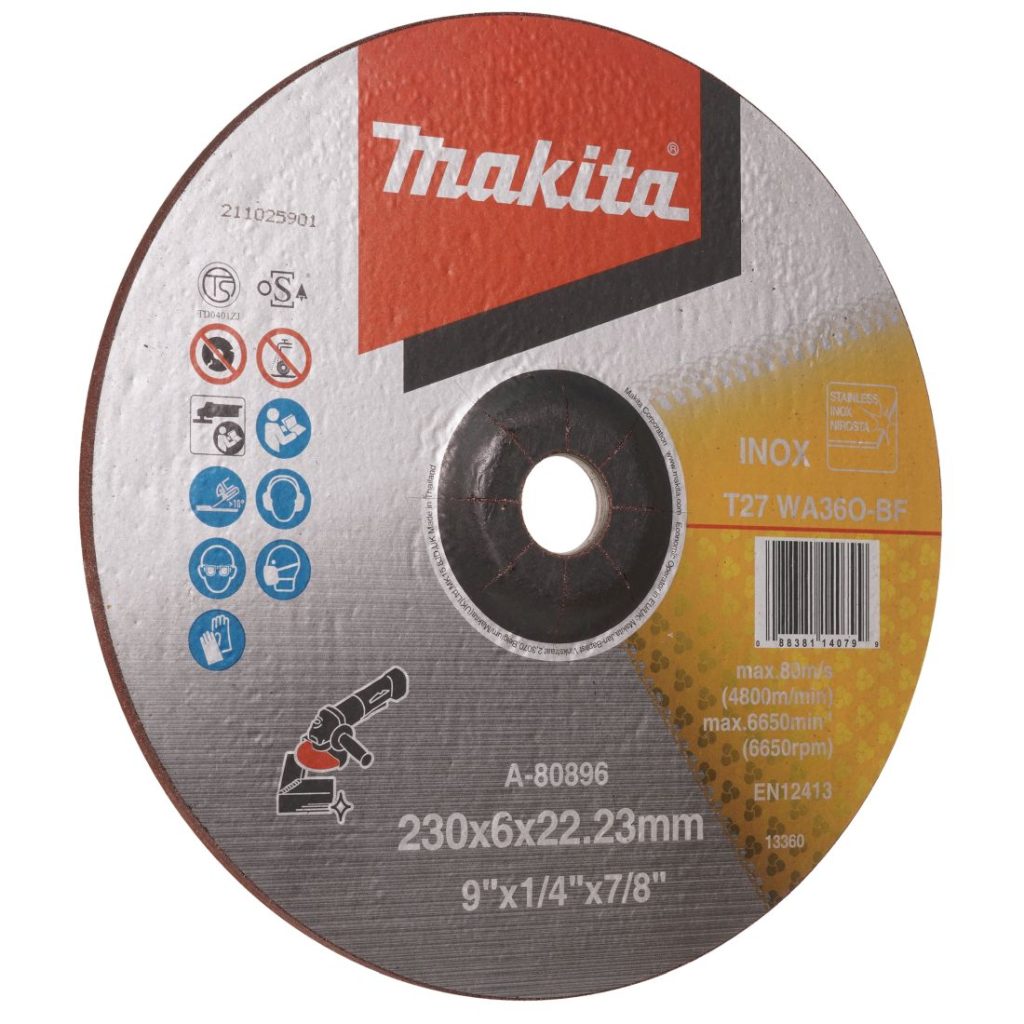 MAKITA Hiomalaikka 230x6,0mm RST (INOX) WA36N. Kuvassa hiomalaikka etuviistosta.