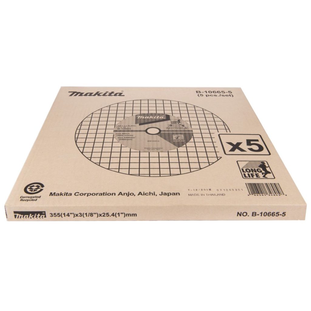 MAKITA Katkaisulaikka 355x3,0mm teräs, valurauta, 5kpl. Kuvassa katkaisulaikkapakkaus yläviistosta.